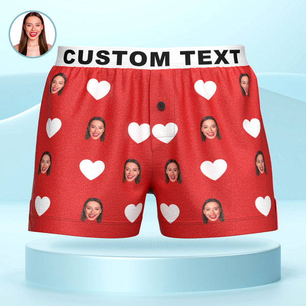 Custom Face Red Heart Design Boxer Shorts with Personalized Text on the Waistband Personalized Underwear for Him