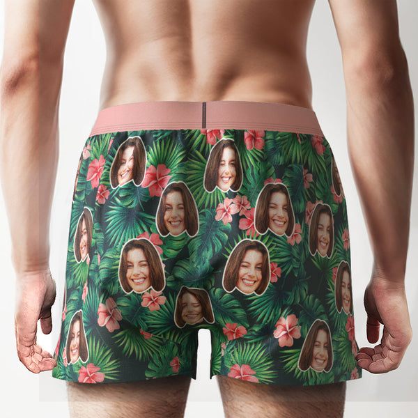 Custom Face Red Flowers Design Boxer Shorts Personalized Waistband Casual Underwear for Him - SantaSocks