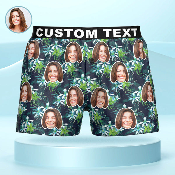 Custom Face Flowers and Leaves Design Boxer Shorts Personalized Waistband Casual Underwear for Him - SantaSocks