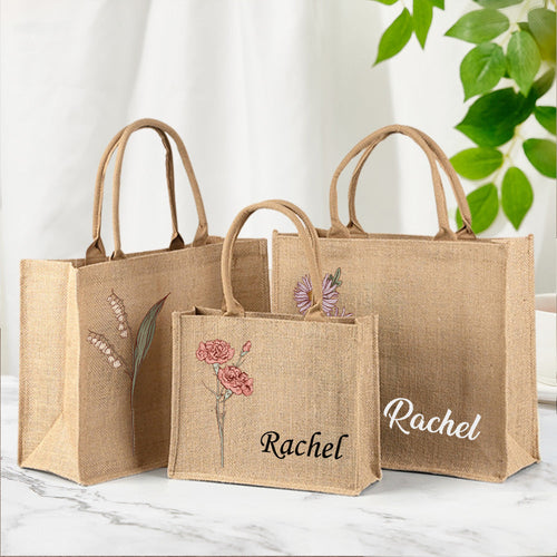 Personalized Birth Flower Beach Jute Tote Bag with Name Birthday Wedding Party Gifts for Women - SantaSocks