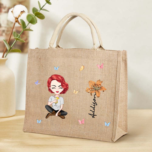 Personalized Cartoon Women Girl Birth Flower Jute Tote Bag with Name Wedding Birthday Gift for Her