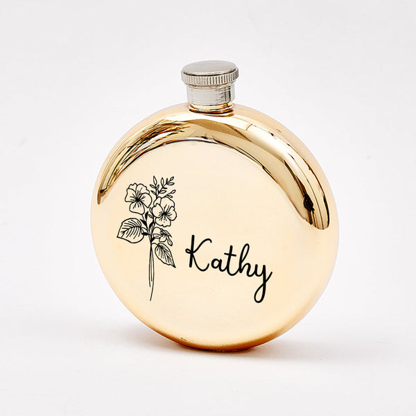 Personalized Name Flask with Birth Flower Custom Flask Gift for Bridesmaid Bachelorette Friends - SantaSocks