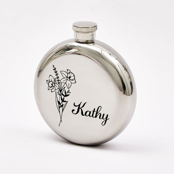 Personalized Name Flask with Birth Flower Custom Flask Gift for Bridesmaid Bachelorette Friends - SantaSocks
