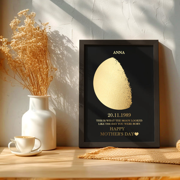 إطار خشبي مخصص بطباعة رقائق ذهبية على شكل مرحلة القمر وأسماء مع النص الخاص بك، إطار فني مخصص لعيد الأم، أفضل هدية للأم