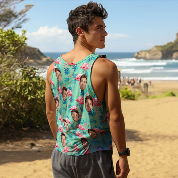 Custom Face Tank Tops Flamingo Tropical Tops For Men All Over Printed Green And Palm Leaves