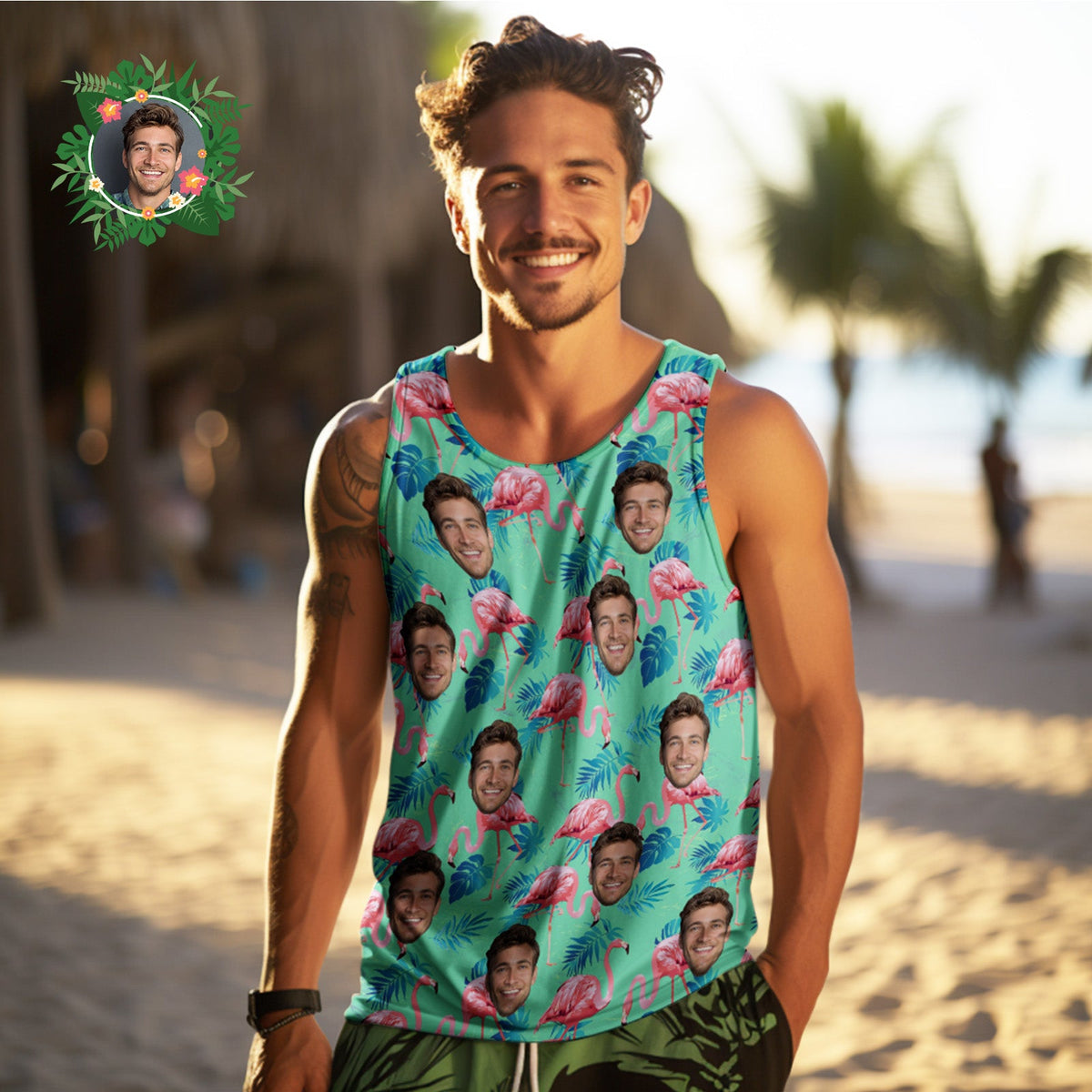 Custom Face Tank Tops Flamingo Tropical Tops For Men All Over Printed Green And Palm Leaves