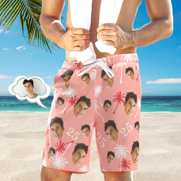 Custom Face And Number Birthday Beach Shorts Red And White Coconut Tree Beach Trunks - SantaSocks