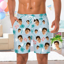 Custom Face And Number Birthday Beach Shorts Red And White Coconut Tree Beach Trunks - SantaSocks