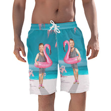 Custom Funny Face Flamingo Beach Shorts Flamingo Swim Ring Swim Trunks For Men