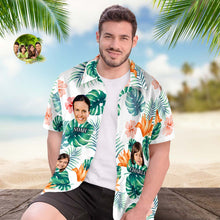 Custom Multi Photo Face And Text Hawaiian Shirt With Palm Leaves And Colorful Flowers - SantaSocks