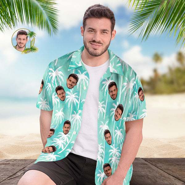 Custom Face Hawaiian Shirt Flamingo Tropical Shirt Couple Outfit ALL Over Printed Green and Palm Leaves - MyPhotoBoxer