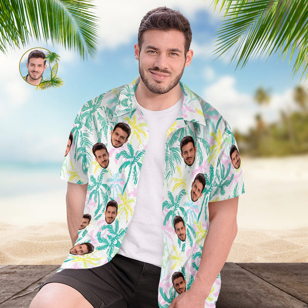 Custom Face Hawaiian Shirt Couple Outfit Vibe Vocation Hawaiian Shirt Colorful Palm Trees