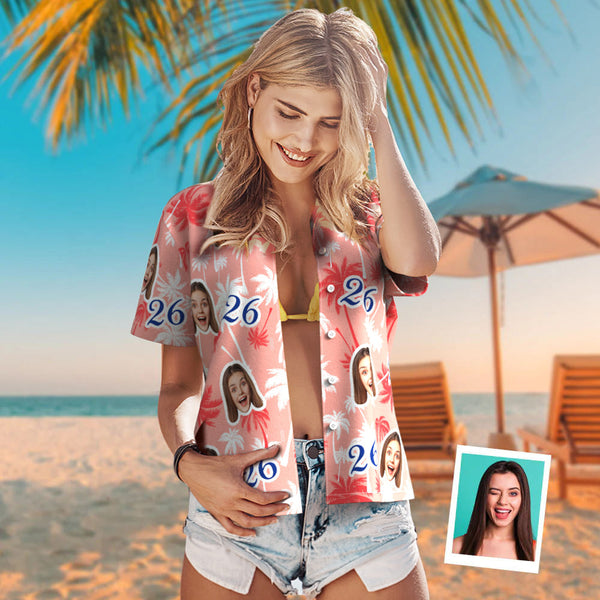 Custom Face And Number Birthday Hawaiian Shirts Red And White Coconut Tree Shirts Birthday Gift For Women - SantaSocks