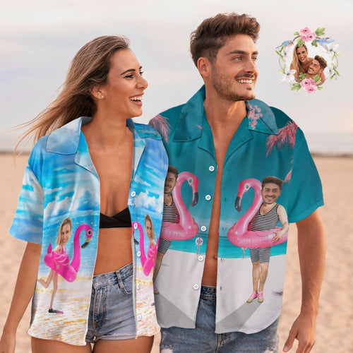 Custom Funny Face Flamingo Hawaiian Shirt Flamingo Swim Ring Hawaiian Shirt Couple Outfitalm Leaves