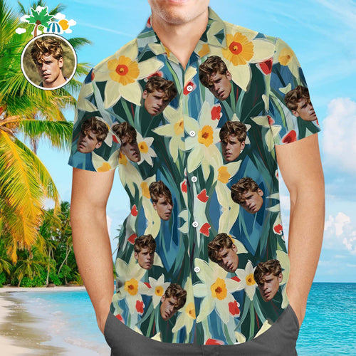 Custom Face Leaves Hawaiian Shirts Flamingo Hawaiian Shirt For Dad Father's Day Gift - SantaSocks