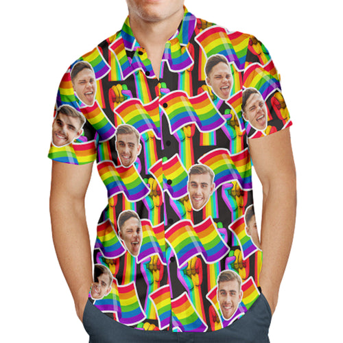 Custom Face Men Hawaiian Shirts Personalized LGBTQ Gay Pride Shirt - Rainbow Flag