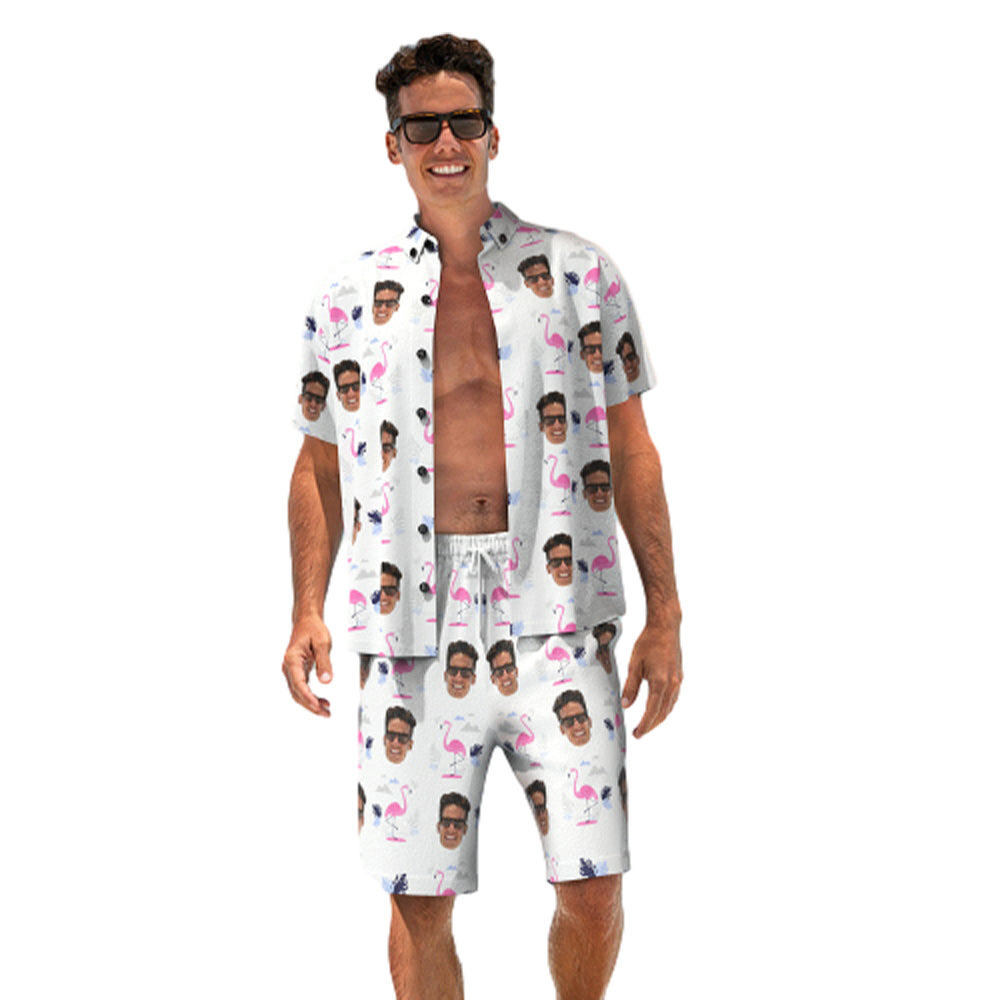 Custom Face Hawaiian Shirt And Beach Shorts Set Personalized Men's Photo Flamingo Print Set Vacation Party Gift