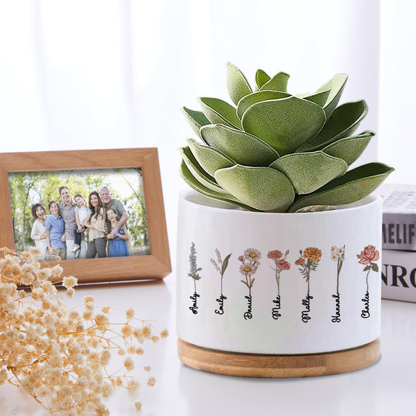 Custom Birth Month Flowers Planter Pot Personalized Name Ceramic Succulent Plant Pot - SantaSocks