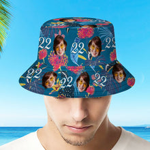 Custom Face Bucket Hat Number and Face hat Dark Blue Sleeves and Pink Flowers - SantaSocks