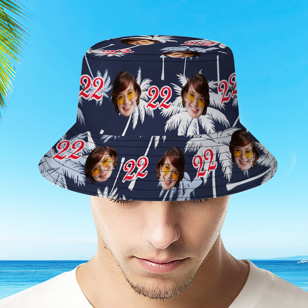 Custom Face And Number Birthday Bucket Hat Red And White Coconut Tree Hat - SantaSocks