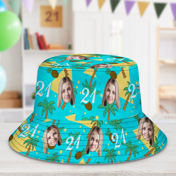 Custom Multi-color Face and Numbers BucketHat Coconut Tree and Pineapple Gift for Men - SantaSocks