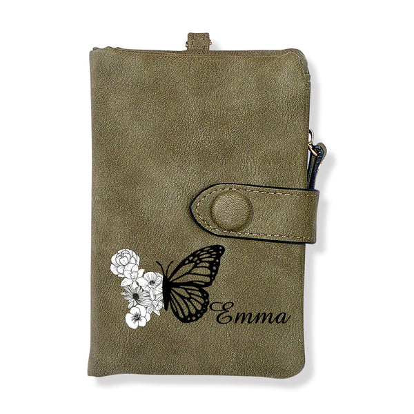 Custom Tri-Fold Butterfly Birth Flower Leather Wallet with Coin Holder Personalized Mother's Day Gift for Woman