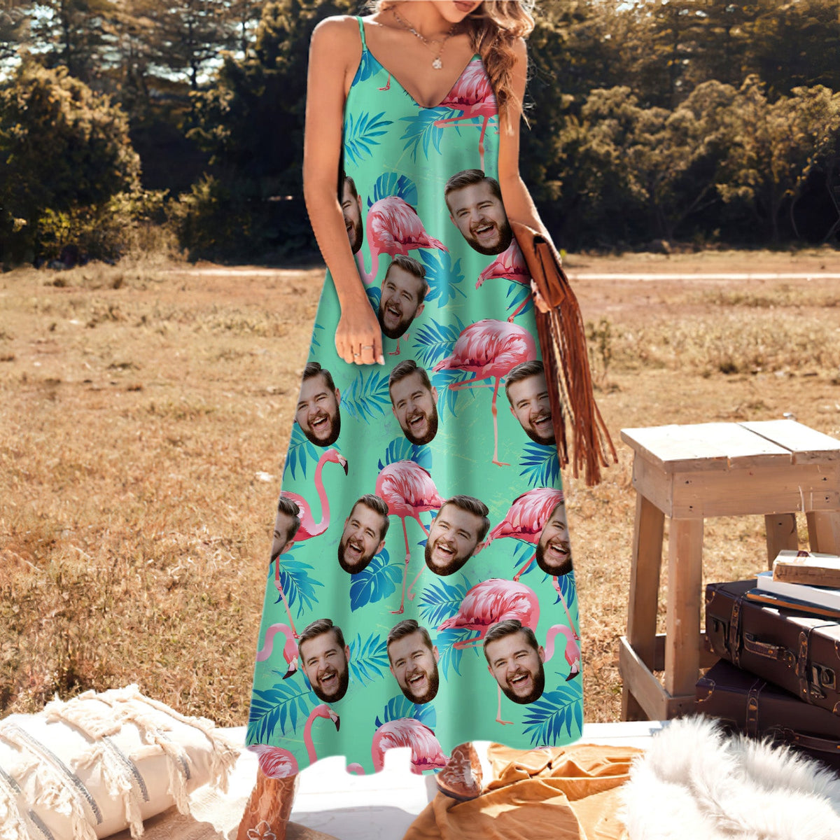 Custom Face Hawaiian Style Long Dress For Women All Over Printed Green And Palm Leaves