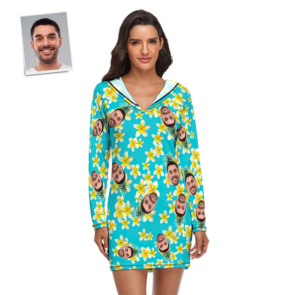 Custom Face Pajamas Women's Pajama Sets Long-sleeved Dress Summer Sleepwear - Yellow Flower