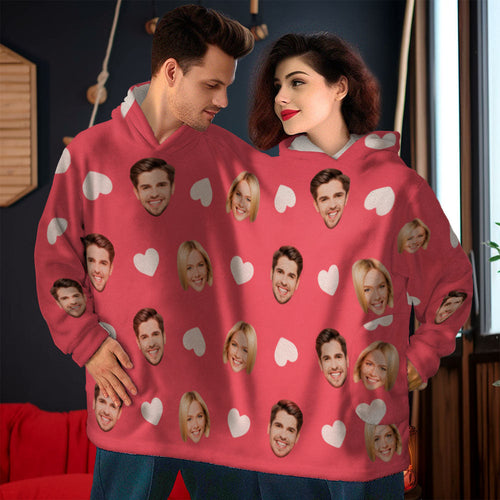 Custom Couple's Face Love Heart Jumpsuit Pajamas One-Piece Loungewear Blanket Funny Valentine's Day Gift