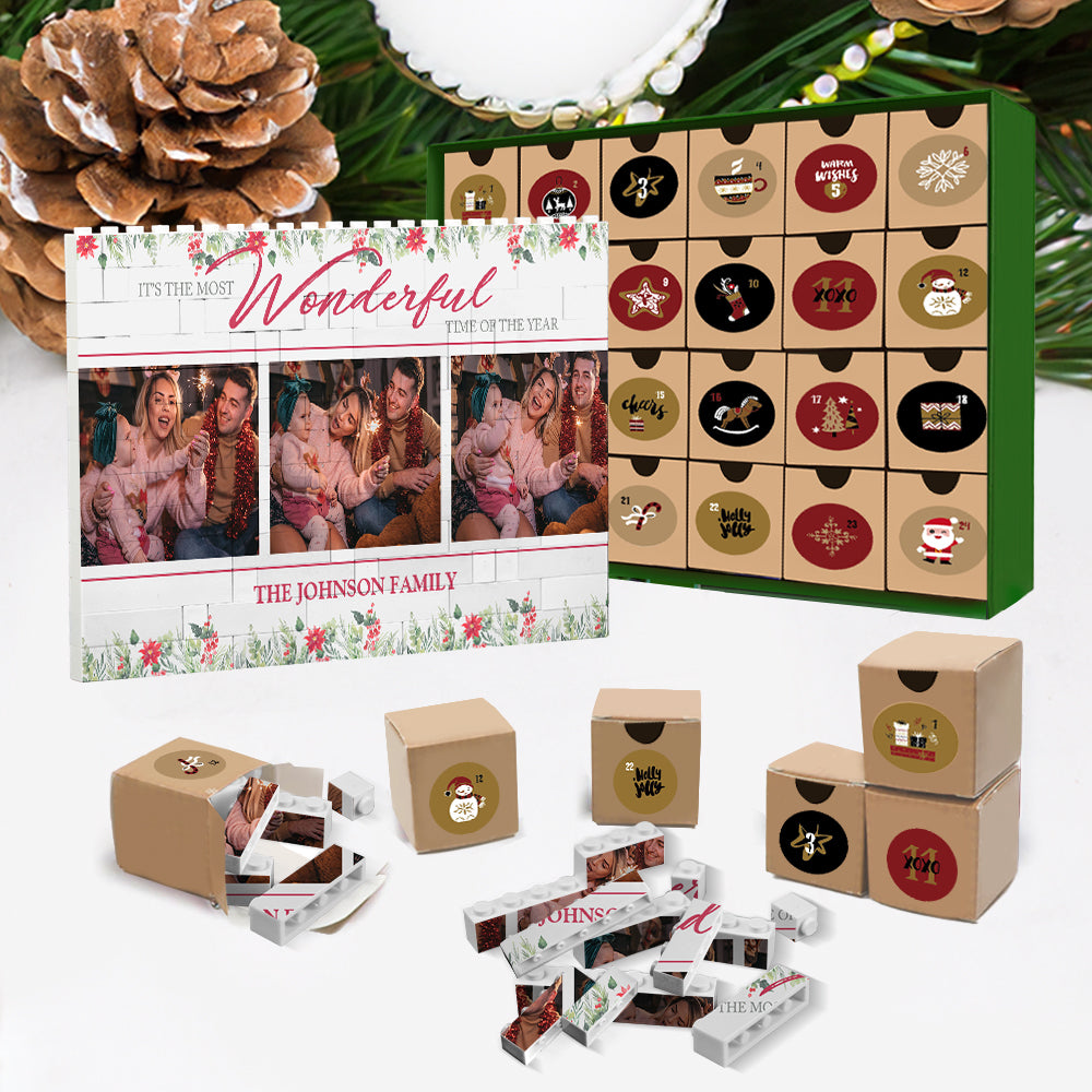 Christmas Advent Calendar Custom Building Block Puzzle Blind Box Gifts Personalized Horizontal Trio Photo Brick Christmas Wonderful Time
