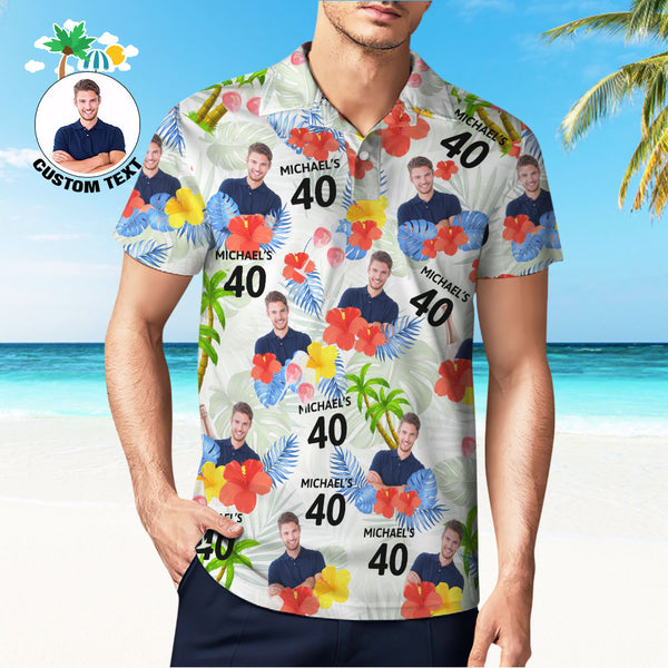 Custom Face Birthday Polo Shirt For Men Personalized Date and Name Yellow Flower And Palm Tree Polo Shirt
