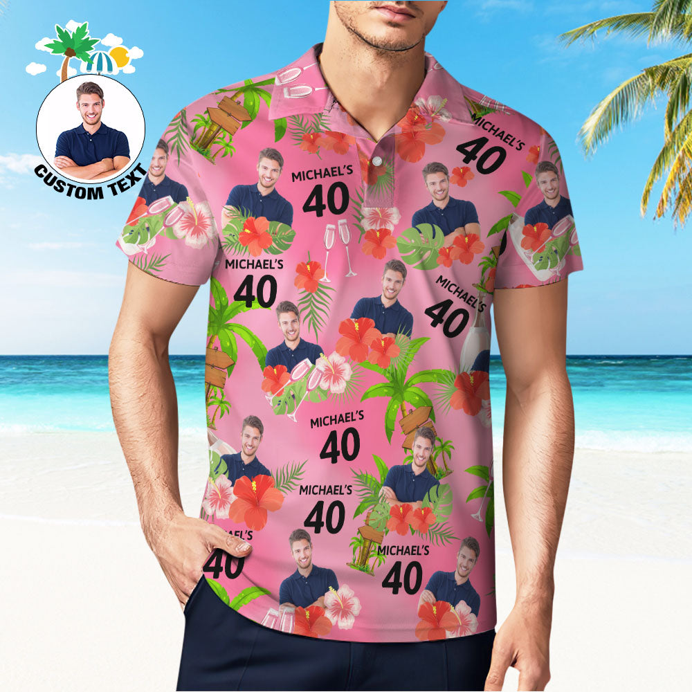 Custom Face Birthday Polo Shirt For Men Personalized Date and Name Yellow Flower And Palm Tree Polo Shirt