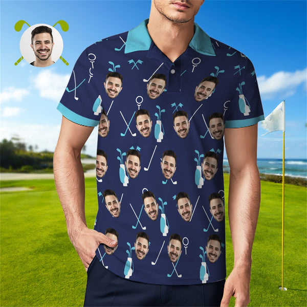 Custom Face Blue Polo Shirt For Men Personalized Golf Shirts - SantaSocks