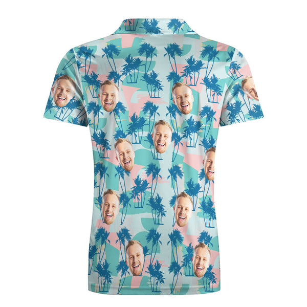 Custom Men's Face Polo Shirt Golf Summer Polo Shirt Blue Palm Tree - SantaSocks