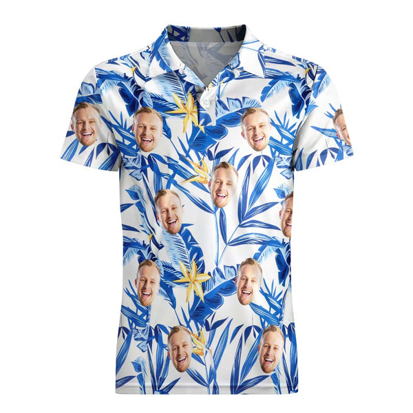 Custom Men's Face Polo Shirt Aloha Golf Polo Shirt Blue Leaves Gift For Him - SantaSocks