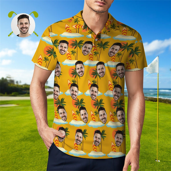 Custom Face Polo Shirt For Men Coconut Tree Beach Shirt Hawaiian Golf Shirts - SantaSocks