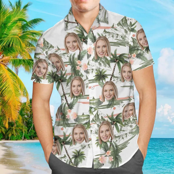 Custom Face Hawaiian Style Coconut Tree Long Dress And Shirt Couple Outfit