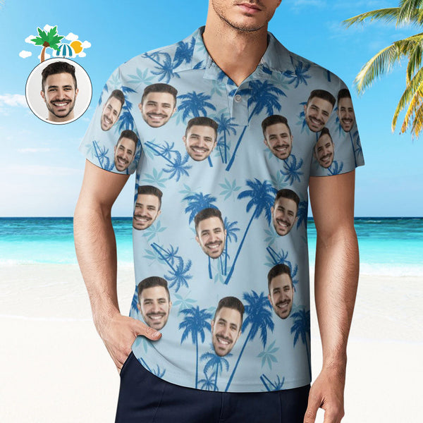 Men's Custom Face Polo Shirt Personalized Light Blue Hawaiian Golf Shirts Gift For Him