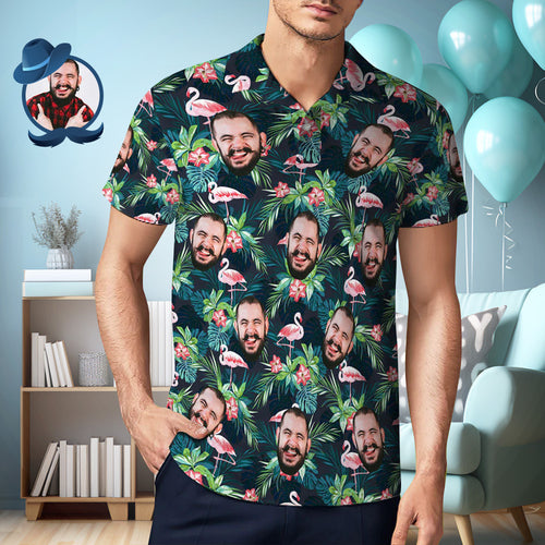 Men's Custom Face POLO Shirt Personalized Golf Shirts For Him Flamingo Flower Father's Day Gift