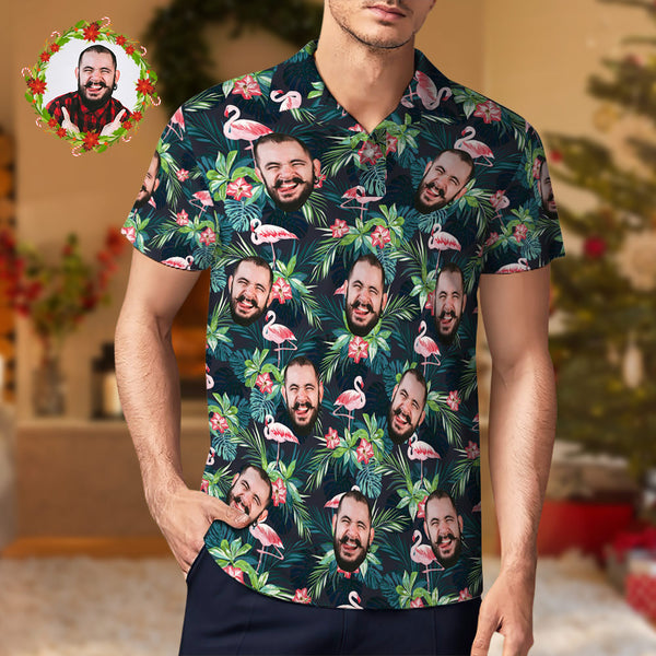 Men's Custom Face POLO Shirt Personalized Golf Shirts For Him Flamingo Flower Christmas Gift