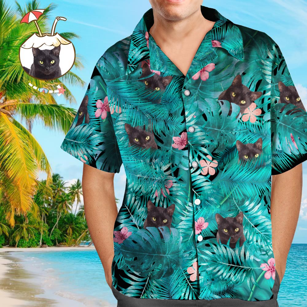 Custom Face Shirt Men's Hawaiian Shirt Black Cat For Him