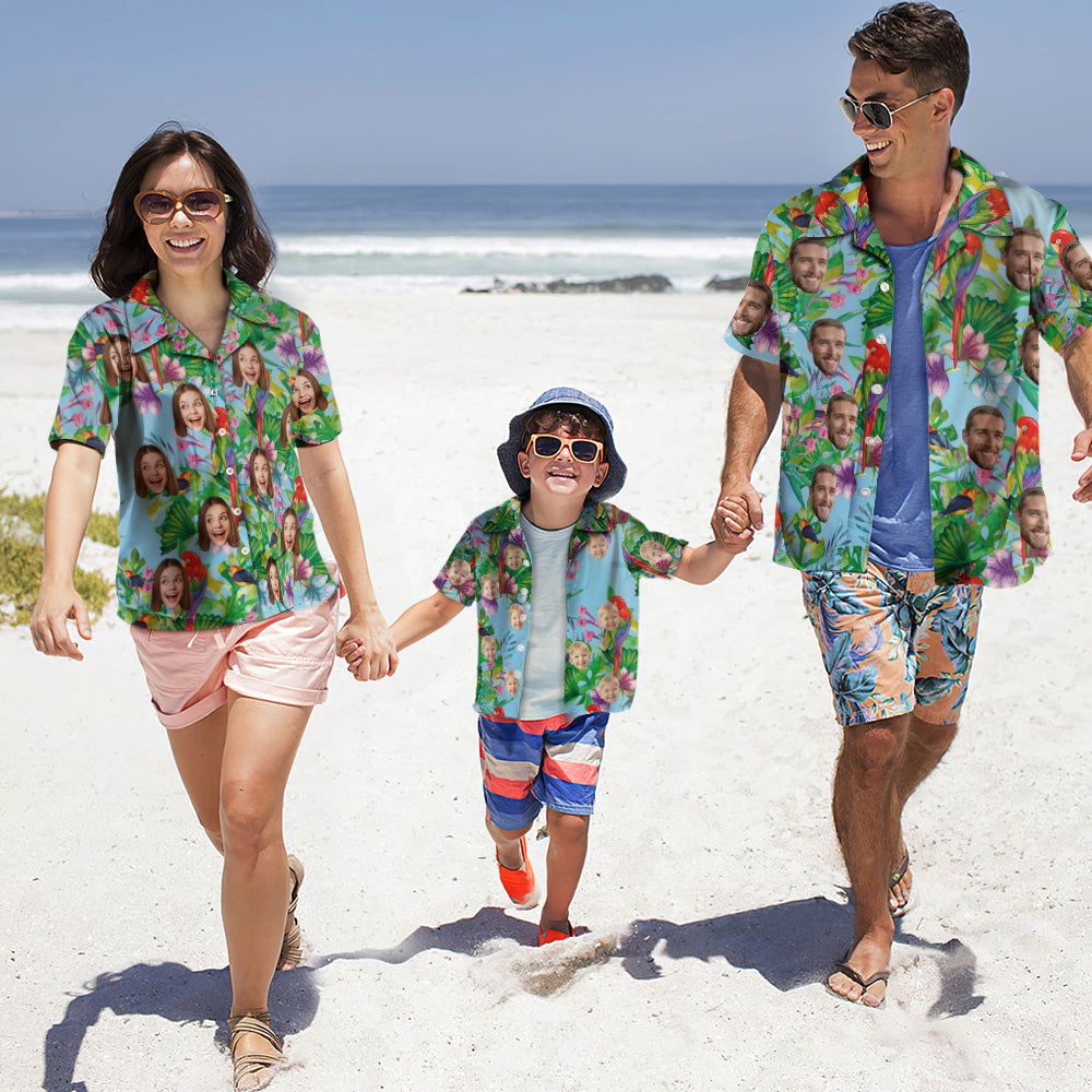 Custom Photo Hawaiian Shirt Parent-child Wears Personalised Face Hawaiian Shirt Gift Colorful Parrot