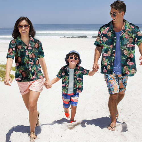 Custom Photo Hawaiian Shirt Parent-child Wears Personalised Face Hawaiian Shirt Gift Flamingo Flower