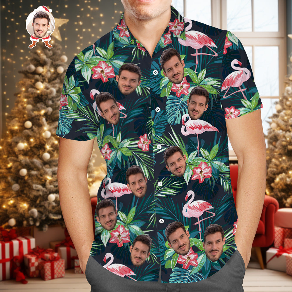 Custom Face Shirt Men's Hawaiian Shirt Flamingo Flower Put Face on Your Shirt Christmas Gift