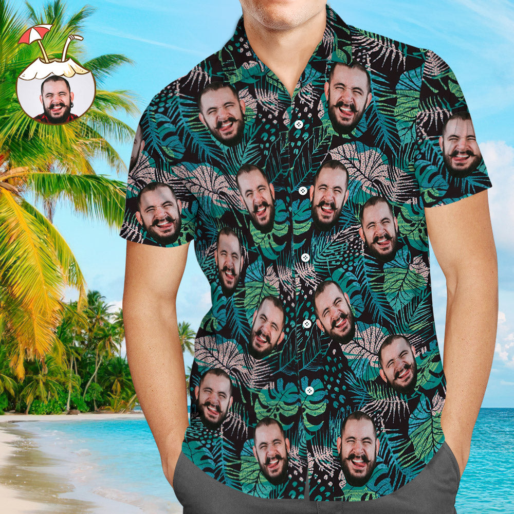 Custom Face Hawaiian Shirt Large Leaves Short Sleeve Shirt Personalized Summer Gift