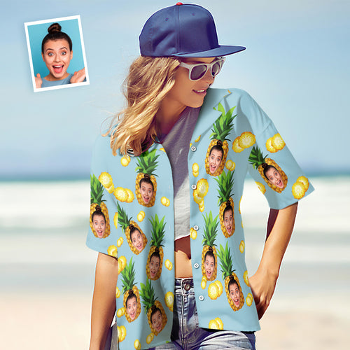 Custom Face Hawaiian Shirt Women's All Over Print Big Pineapple Short Sleeve Shirt