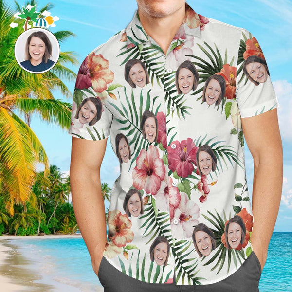 Custom Face Shirt Men's Hawaiian White Shirt Colorful Flowers