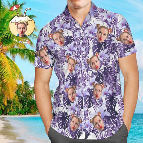 Custom Face Shirt Men's Hawaiian Shirt Purple Flowers - White