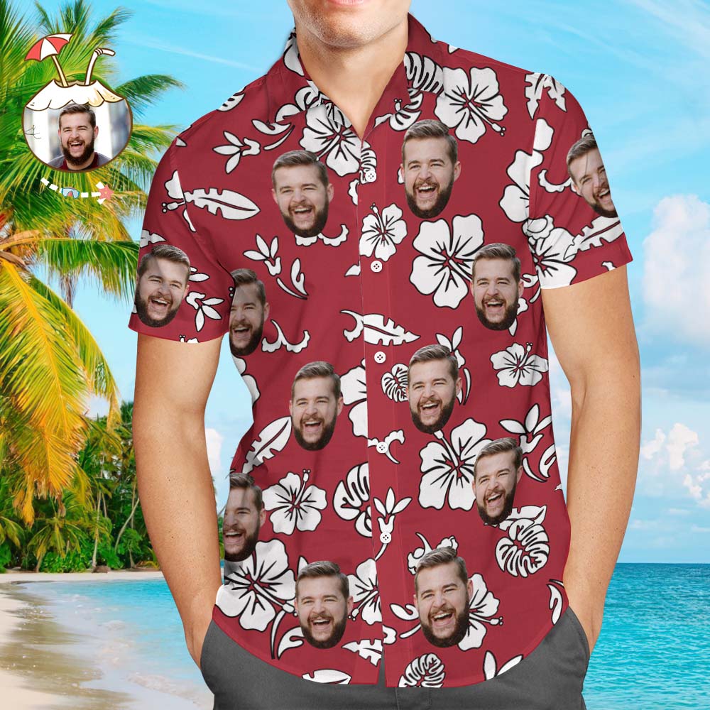 Custom Face Flowers And Leaves Beach Summer Short Sleeve Red Hawaiian Shirt