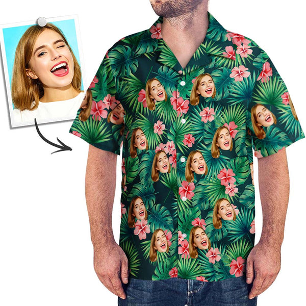 Custom Tropical Shirts Custom Dog Face Hawaiian Shirt Leaves & Flowers Shirt